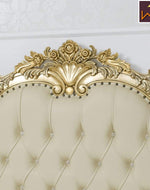 Golden Queen Size Teak Wood Bed Heavy Carved with Cushioned Design