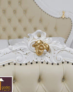 White Queen Size Teak Wood Bed Hand Carved with Cushioned Design