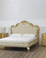 Golden Queen Size Teak Wood Bed Heavy Carved with Cushioned Design - WoodenTwist