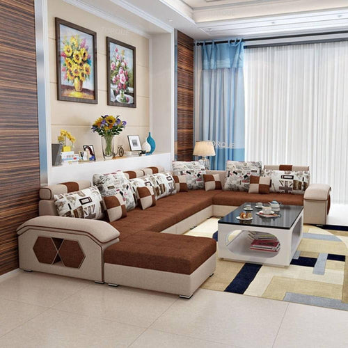 Torque - Silvester 12 Seater U Shaped Sofa Set for Living Room (Left Side, Beige & Brown) | Large 12-Seater Couch Set with Cushion and Stool | Fabric Sofa for Hall Festival Gifts