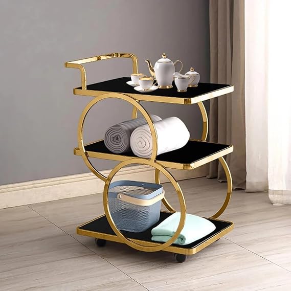 Brown Art SHOPPEE End Table Bar Trolley 3-Tier Metal Serving Trolley with Gold Elegant Home and Restaurant Mobile Cart for Effortless Food Serving Coffee Table for Living Room (Golden Black)