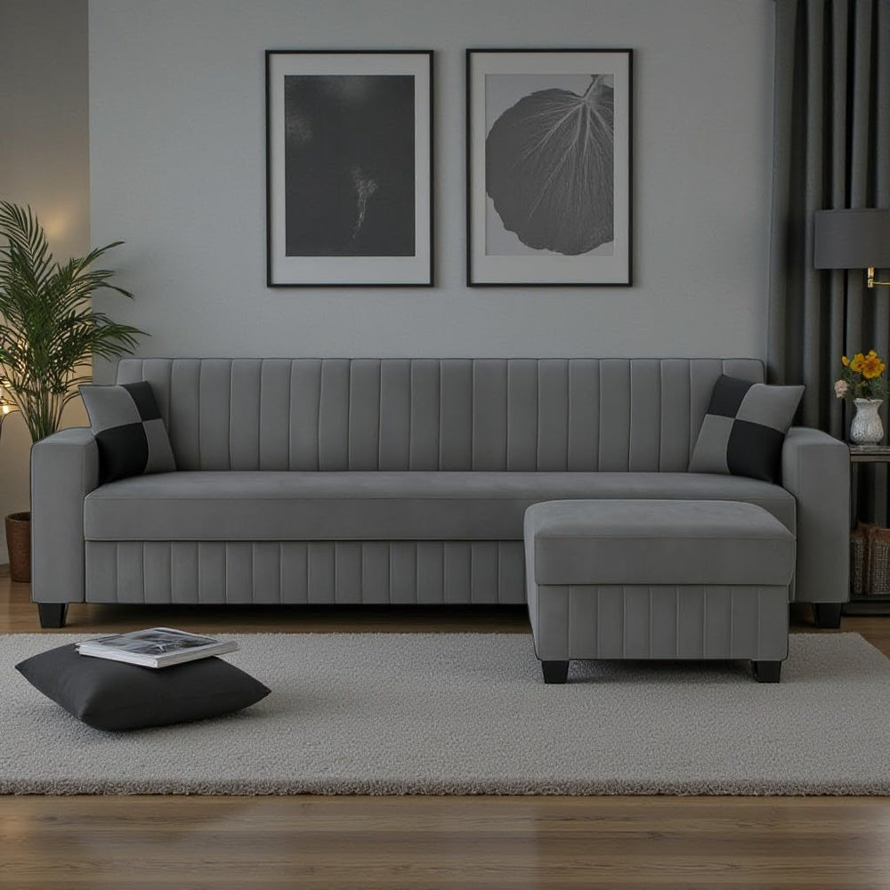 FURNY Gracinta Fabric 4 Seater Convertiable L Shape Sofa Set 3Seater Modern Sofa Set & Ottoman for Living Room (Dark Grey) with Velvet Fabric | Durable Comfort | Modern Design | IDE