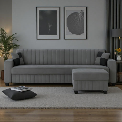 FURNY Gracinta Fabric 4 Seater Convertiable L Shape Sofa Set 3Seater Modern Sofa Set & Ottoman for Living Room (Dark Grey) with Velvet Fabric | Durable Comfort | Modern Design | IDE