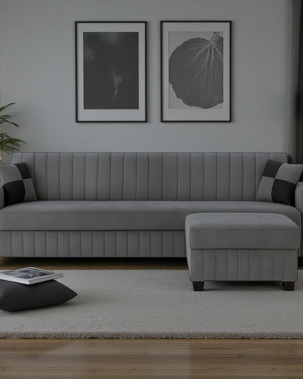 FURNY Gracinta Fabric 4 Seater Convertiable L Shape Sofa Set 3Seater Modern Sofa Set & Ottoman for Living Room (Dark Grey) with Velvet Fabric | Durable Comfort | Modern Design | IDE