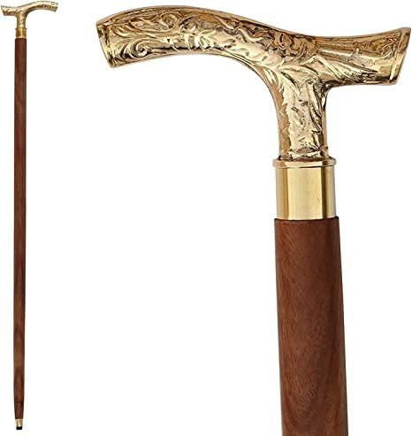 Antique Brass Design Head Handle Vintage Style Wooden Walking Cane Stick - Bloomart