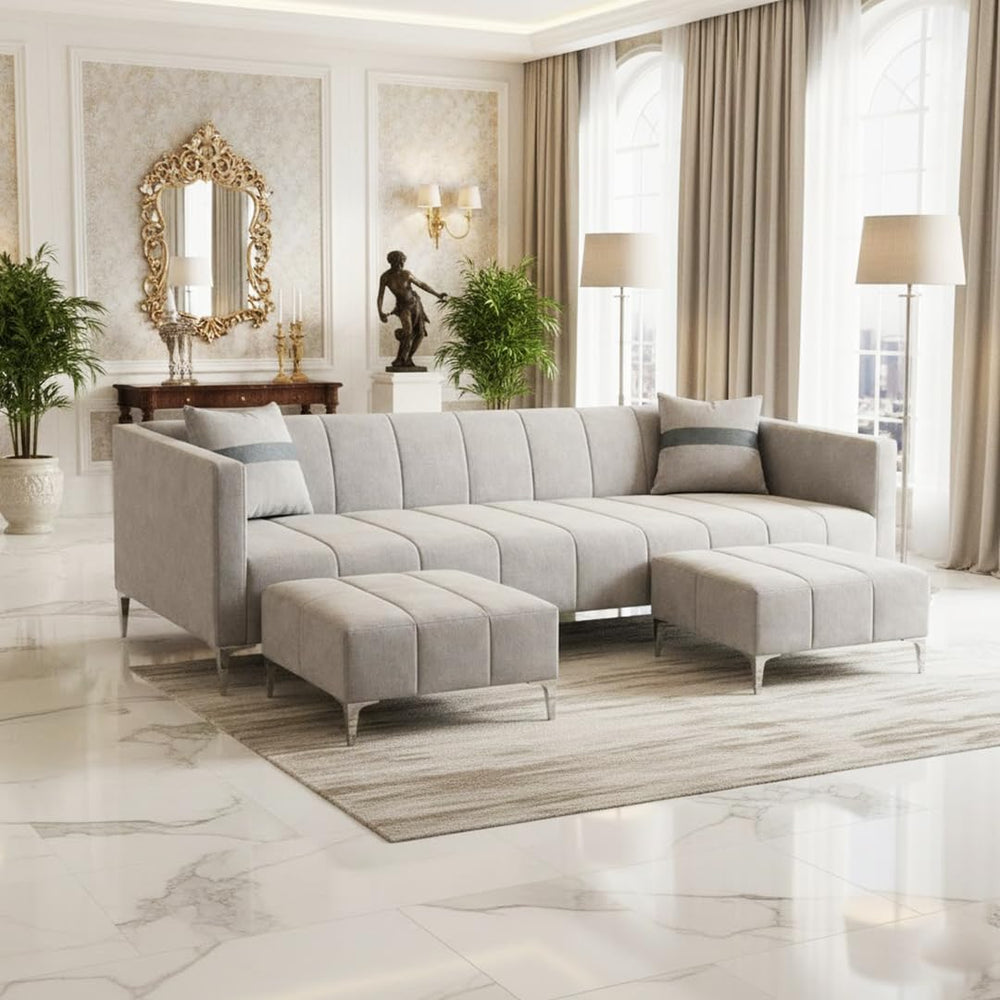Solomon Luxe Velvet-Suede Fabric 4 Seater Sofa Set with 2 Ottoman | Silver Aesthetic Legs | Comfortable Seating | Modern Sofa for Living Room – Light Grey