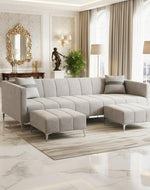 Solomon Luxe Velvet-Suede Fabric 4 Seater Sofa Set with 2 Ottoman | Silver Aesthetic Legs | Comfortable Seating | Modern Sofa for Living Room – Light Grey