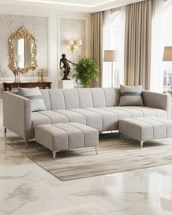 Solomon Luxe Velvet-Suede Fabric 4 Seater Sofa Set with 2 Ottoman | Silver Aesthetic Legs | Comfortable Seating | Modern Sofa for Living Room – Light Grey