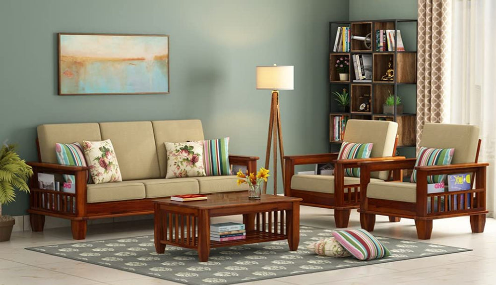 Sheesham Wood 5 Seater Sofa Set for Living Room - Teak Finish