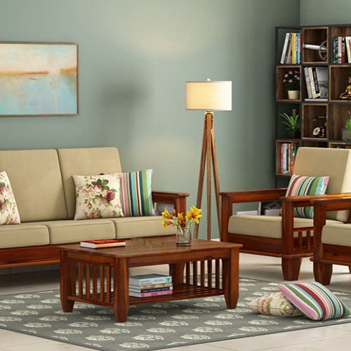 Sheesham Wood 5 Seater Sofa Set for Living Room - Teak Finish