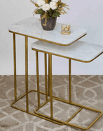 Bloomart Sassy Marble Finish Laminated Top End Table Set of 2 with Golden Finish Elegant and Durable Nightstand Pair for Modern Bedroom Decor