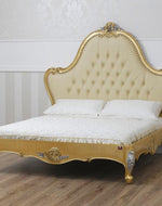 Golden Queen Size Teak Wood Bed Hand Carved with Cushioned Design