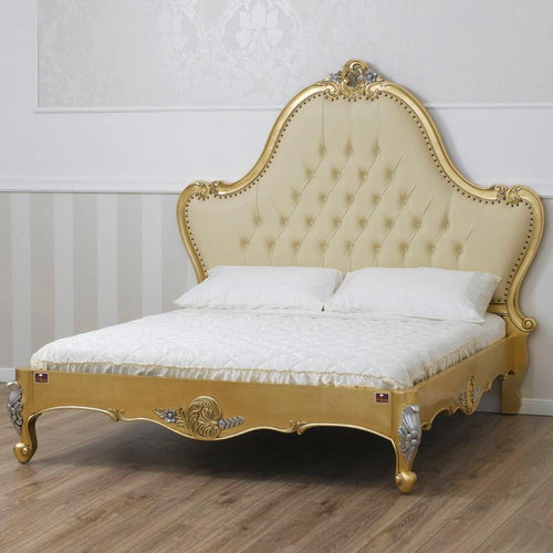 Golden Queen Size Teak Wood Bed Hand Carved with Cushioned Design