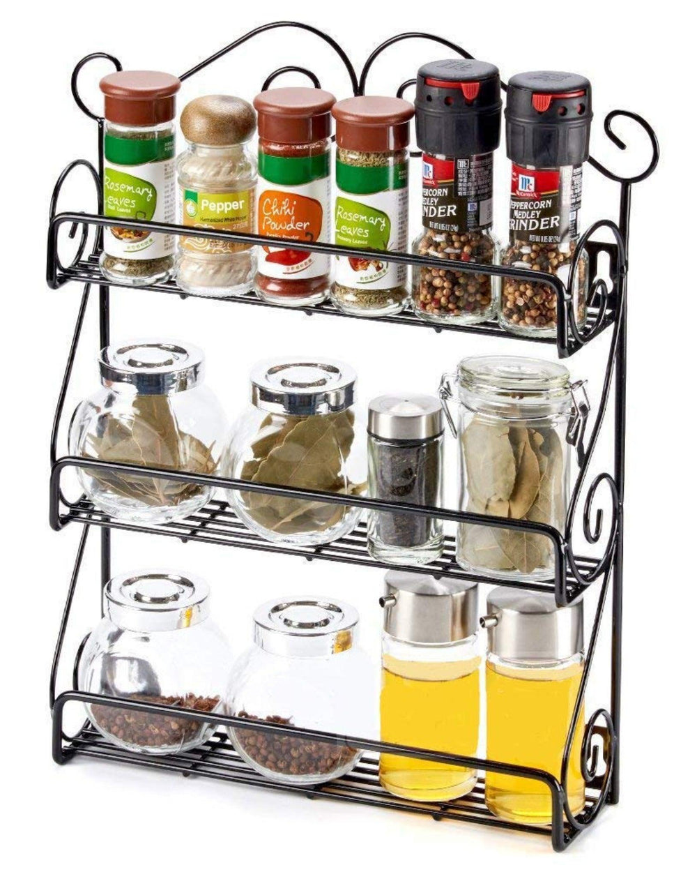 Wall Mounted 3-Tier Scroll Storage Spice Rack Organizer (Black) - Bloomart