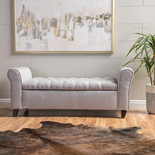 Bloomart Zamansız Button Tufted Design Premium Wood 2 Seater Storage Bench (Light Grey)