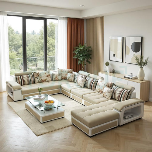 Torque U Shaped 12 Seater Sofa Set for Living Room - Beige & White