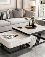 Modern Living Room Coffee Table with Lift-Top Storage Drawer, Marble Finish, Metal Legs, Dual-Layer Design, Elegant Center Table (Black White)