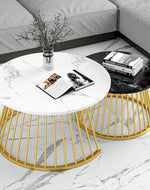 Golden Circular Iron Nesting Table| Center Table Set of 2 With Italian Nano Marble Top