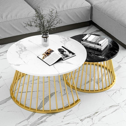 Golden Circular Iron Nesting Table| Center Table Set of 2 With Italian Nano Marble Top
