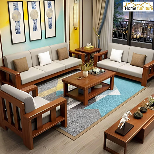 Home furniture Wooden Sofa Set 6 Seater Natural Teak Finish - Front View