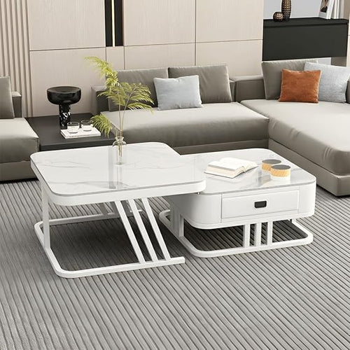 Modern Living Room Coffee Table with Lift-Top Storage Drawer, Marble Finish, Metal Legs, Dual-Layer Design, Elegant Center Table (Black White)
