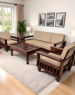 Solid Sheesham Wood 5 Seater Sofa Set | Living Room Wooden Sofa Set 3+1+1With Cushions - Natural Brown Finish