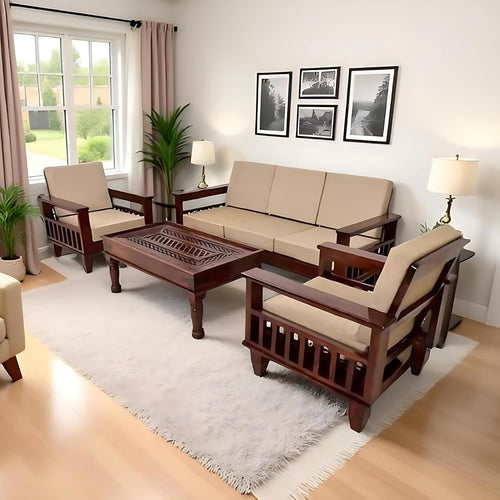 Solid Sheesham Wood 5 Seater Sofa Set | Living Room Wooden Sofa Set 3+1+1With Cushions - Natural Brown Finish