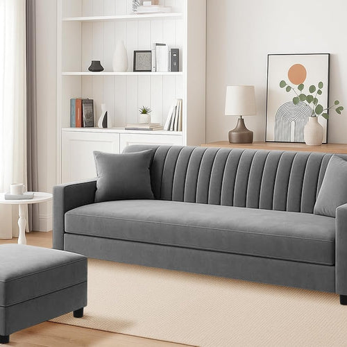 3 Seater Wooden Sofa Set with Ottoman, Velvet Fabric Couch, Durable & Space-Saving Design for Living Room, Office & Guest Use - Grey Color