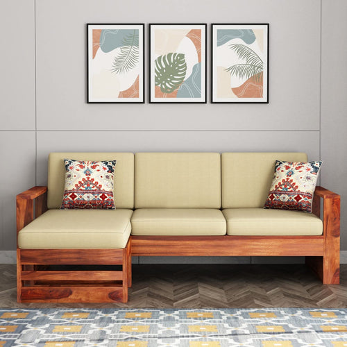 Feltro Wooden 4 Seater L Shape Sofa Set For Living Room Bedroom | Four Seater Cushion Sofa With Side Books & Newspaper Holder For Home & Office(Honey, 4 Seater), Brown