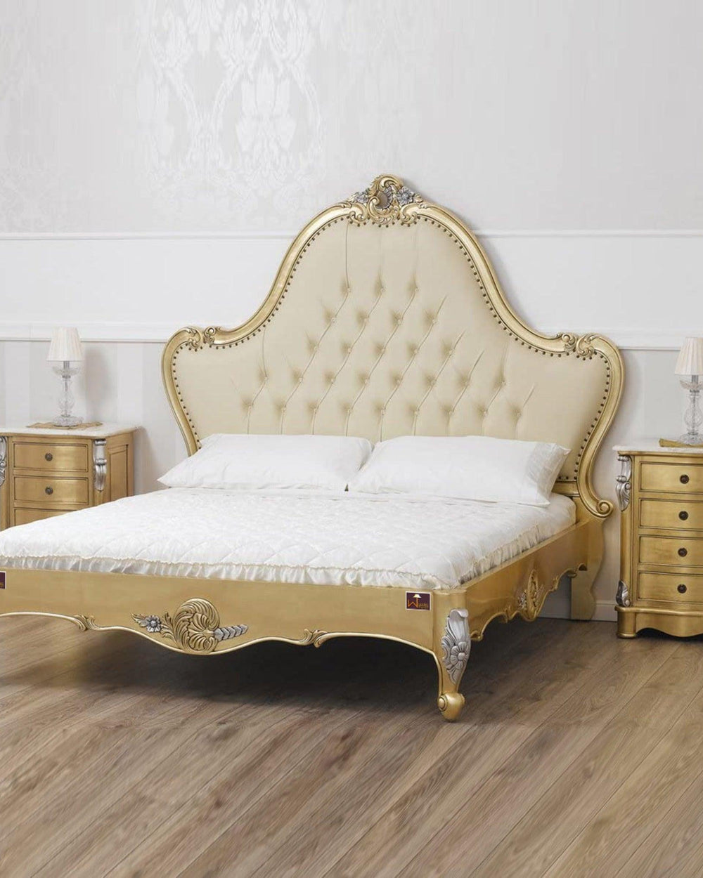Golden Queen Size Teak Wood Bed Hand Carved with Cushioned Design - WoodenTwist