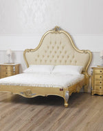 Golden Queen Size Teak Wood Bed Hand Carved with Cushioned Design - WoodenTwist