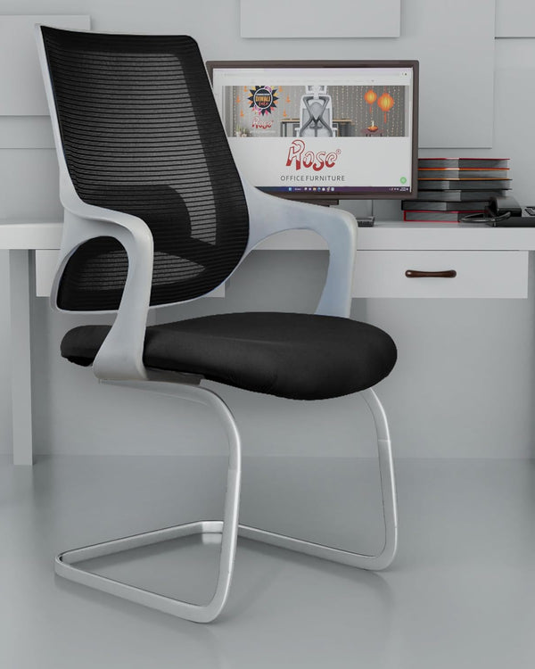 ROSE® Mono | 3 Years Brand Warranty | Visitor Chair, Fixed, Reception, Conference, Meeting, Waiting, Guest Seating, Office Lobby, Non-Revolving, Steel Frame (Grey & Black)