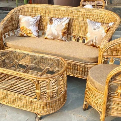 Bamboo 5 Seater Handmade Cane Sofa Set with Table for Home, Office, Living Room, Balcony, Garden, Indoor & Outdoor