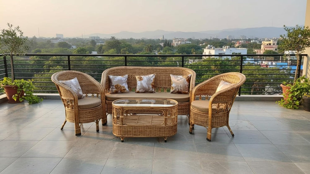 Bamboo 5 Seater Handmade Cane Sofa Set with Table for Home, Office, Living Room, Balcony, Garden, Indoor & Outdoor