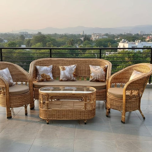 Bamboo 5 Seater Handmade Cane Sofa Set with Table for Home, Office, Living Room, Balcony, Garden, Indoor & Outdoor