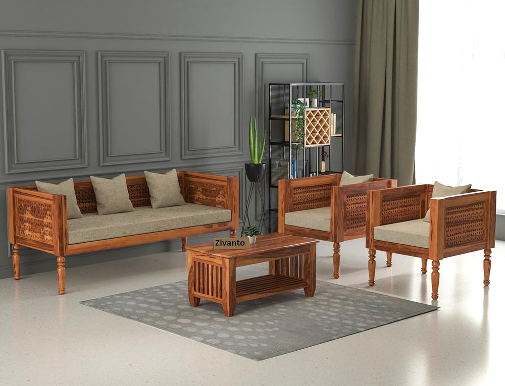 Sheesham Wood 5 Seater Sofa Set for Living Room - Honey Beige