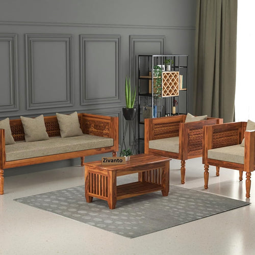 Sheesham Wood 5 Seater Sofa Set for Living Room - Honey Beige
