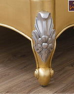 Golden Queen Size Teak Wood Bed Hand Carved with Cushioned Design