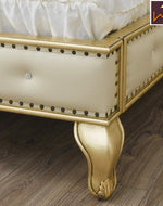 Golden Queen Size Teak Wood Bed Heavy Carved with Cushioned Design