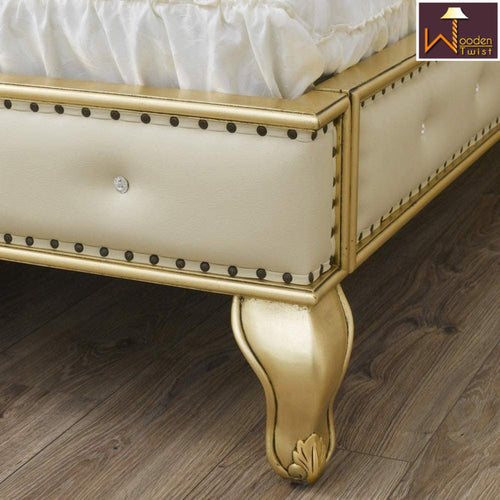 Golden Queen Size Teak Wood Bed Heavy Carved with Cushioned Design