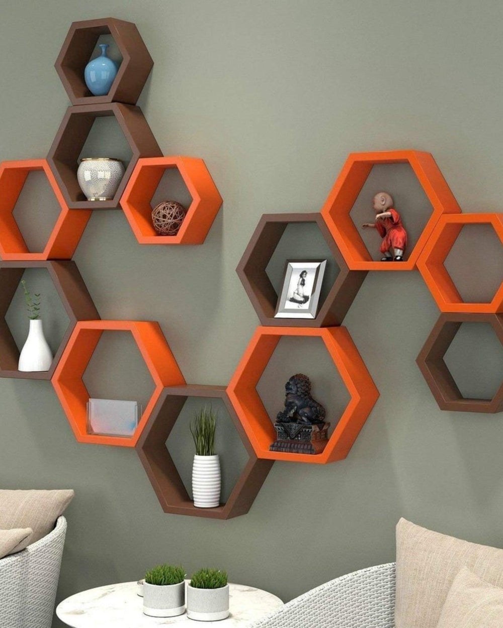 Hexagonal Shape Wooden Floating Wall Shelves Set of 12 - Bloomart