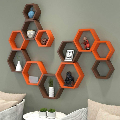 Hexagonal Shape Wooden Floating Wall Shelves Set of 12 - Bloomart