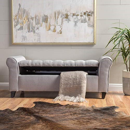 Bloomart Zamansız Button Tufted Design Premium Wood 2 Seater Storage Bench (Light Grey)
