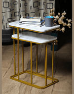Bloomart Sassy Marble Finish Laminated Top End Table Set of 2 with Golden Finish Elegant and Durable Nightstand Pair for Modern Bedroom Decor