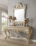 Wooden Hand Carved Traditional Style Teak Wood Console Table With Mirror Silver Leaf (Golden Finish)