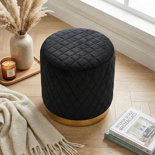 Bloomart Luxury Quilted Ottoman | Upholstered Velvet Pouf Stool for Living Room & Bedroom