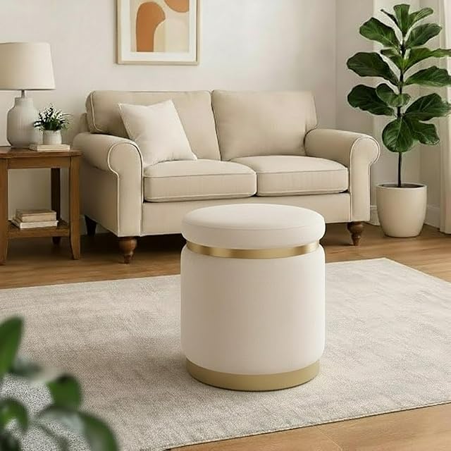 Bloomart Round Pouf Ottoman | Padded Upholstered Footrest Stool for Living Room & Bedroom (Brown)
