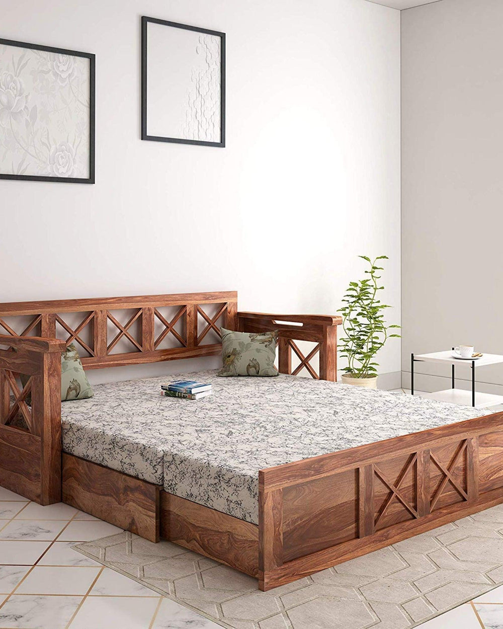 Wooden Sofa Cum Bed for Living Room Home (Teak Wood) - Bloomart