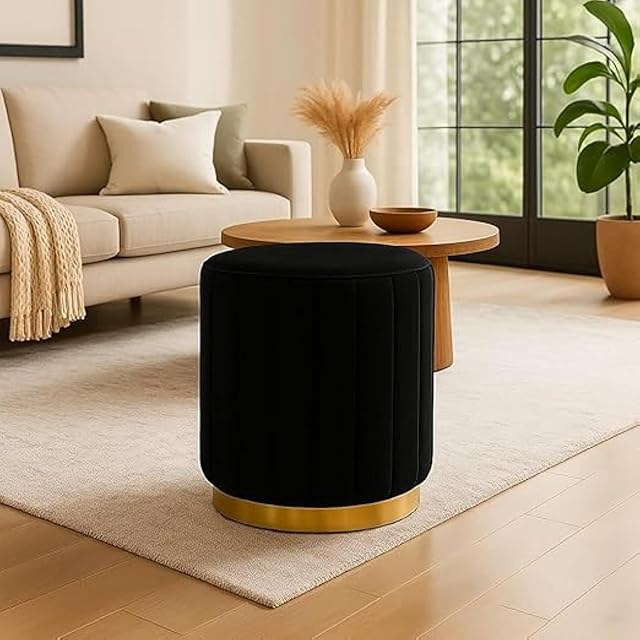 Bloomart Modern Velvet Ottoman | Padded Bedroom & Dressing Stool with Wooden Legs (Pink)