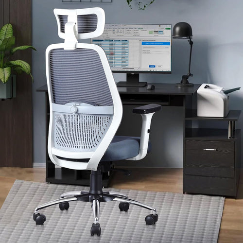 ASTRIDE Octave BIFMA Certified Ergonomic Office Chair for Work | 2D Adjustable Soft Armrest, 2D Headrest & 2D Lumbar Support | Single Tilt Lock Mechanism [Heavy Duty Metal Base, White-Grey]